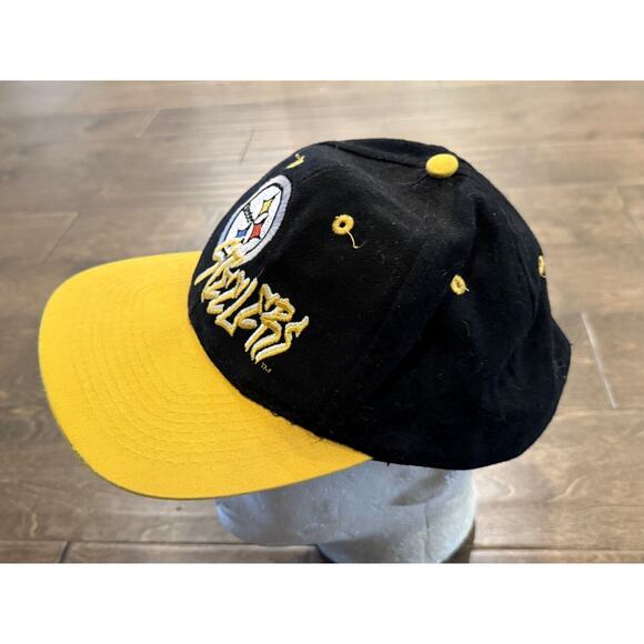 Vtg 90s NFL Drew Pearson Mens Black Yellow Pittsburg Steelers Snapback Hat Cap - Picture 4 of 8